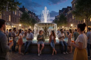 A lively evening gathering at a city fountain, with a diverse group of people standing around a central fountain, some holding drinks, others chatting, under a twilight sky, with a subtle clock on a nearby building showing 7:30 PM, all depicted in a detailed, realistic style