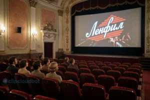 A vintage Soviet-era cinema hall interior with ornate details, red velvet seats, and a large screen showing the Lenfilm logo. In the foreground, a small group of people in 1970s-style clothing sit quietly watching the film, with soft ambient lighting from wall sconces. The atmosphere is nostalgic and cinematic, evoking the premiere of a new film at Lenfilm Club on October 14 at 19:00.