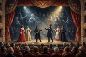 A theatrical scene inspired by Nikolai Gogol's works, featuring a stylized stage with dramatic lighting, actors in 19th-century Russian costumes performing a satirical play, ghostly figures of Gogol’s characters (like the Overcoat clerk or Nose) subtly appearing in the shadows, ornate theater curtains with golden embroidery, and an audience of diverse spectators in period attire watching intently — all rendered in a rich, detailed, and atmospheric style suitable for a cultural event poster