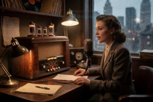 A cinematic scene of a vintage radio studio in the style of 1940s Manhattan, featuring a classic wooden radio console with glowing vacuum tubes, a female radio host in a tailored 1940s suit speaking into a vintage microphone, soft warm lighting from desk lamps, shelves with old vinyl records and script pages, a city skyline visible through a rain-streaked window in the background, evoking the atmosphere of a live broadcast from 'Radio Manhattan'