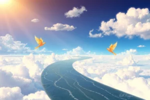 Птичья Личность: Sky River | Птичья Личность | 11.10.26 A serene and mystical scene of a sky river flowing through a vast, open sky, with soft golden light filtering through fluffy white clouds, delicate birds with glowing feathers soaring gracefully along the current, their wings leaving faint trails of stardust, the atmosphere ethereal and peaceful, evoking a sense of wonder and quiet majesty