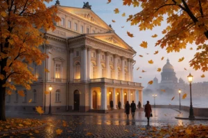 A vibrant autumn scene in Saint Petersburg featuring the historic Mariinsky Theatre with golden maple leaves falling around its neoclassical facade, soft evening light illuminating the columns and arched windows, a few silhouettes of theatergoers in elegant coats walking toward the entrance, wet cobblestones reflecting the warm glow of street lamps, misty Nevsky River in the background with distant domes of St. Isaac's Cathedral barely visible through the haze
