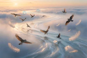 A serene sky river flowing through a vast open sky, with birds of various species flying gracefully along its current, soft golden hour lighting, ethereal mist, delicate feathers catching the light, no visible ground or horizon, dreamlike and poetic atmosphere, emphasizing the personality and spirit of birds in flight