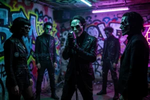 A mysterious underground club scene with dim neon lighting, shadowy figures in avant-garde fashion, graffiti-covered walls with abstract symbols, and a central figure wearing a distorted mask holding a vintage microphone, conveying underground counterculture energy