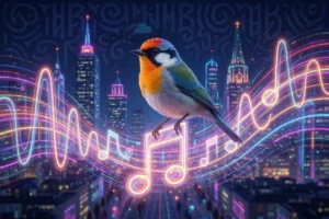 A small, colorful bird perched on a glowing musical note, surrounded by abstract sound waves and neon rave lights in a futuristic Moscow cityscape at night, with subtle Cyrillic-inspired patterns in the background, evoking the energy of MONAS✚ERIO RAVE 2026