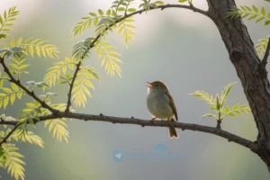 Птичка начирикала: 24. A small, cheerful bird perched on a thin branch, singing with its beak open, surrounded by soft morning light and delicate green leaves, in a peaceful forest setting, natural colors, gentle atmosphere