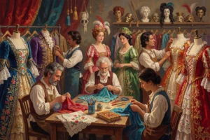 A vibrant, detailed illustration of an open theatrical costume workshop, showing artisans sewing, fitting, and displaying elaborate stage costumes on mannequins and racks, with rich fabrics, embroidery, lace, and theatrical props like masks and wigs visible in the background, warm studio lighting, diverse skilled workers of various ages and ethnicities collaborating, sense of creativity and craftsmanship