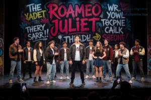 A modern theater stage with a diverse cast of young actors performing Romeo and Juliet, dressed in contemporary streetwear blended with subtle Renaissance elements, under dramatic lighting, with a graffiti-style backdrop featuring Shakespearean quotes in stylized fonts, capturing the energy of TikTok culture — smartphones filming, viral dance moves frozen mid-motion, and emotional intensity in the actors' expressions