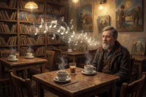 A cozy art café interior with wooden tables, bookshelves filled with books, steaming coffee cups, and a man named Vladimir Maslakov sitting at a table speaking softly, his voice visualized as gentle sound waves or musical notes floating in the air, warm ambient lighting, artistic atmosphere, no text or letters visible
