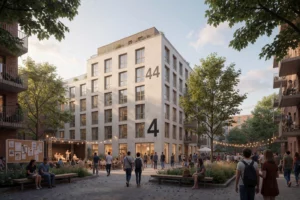 A modern residential building with the number '44' clearly visible on its facade, surrounded by a lively urban courtyard with people walking, benches, trees, and soft daylight. The atmosphere is warm and community-oriented, suggesting upcoming events — subtle hints like flyers on a bulletin board, a small stage being set up, or strings of lights preparing for an evening gathering. No text, letters, or digits should appear in the image except the number '44' on the building.
