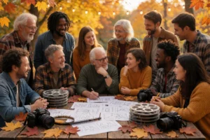 A vibrant autumn-themed collage representing a film workshop digest: multiple diverse filmmakers (different ages, ethnicities, genders) gathered around a wooden table covered with film reels, storyboards, cameras, and autumn leaves; warm golden-hour lighting, soft focus background with blurred fall foliage and string lights; cinematic atmosphere, creative energy, collaborative spirit
