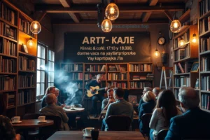 A cozy art café interior with bookshelves, steaming coffee cups, soft warm lighting, and a small stage for an intimate apartment concert (квартирник), featuring a guitarist and a small audience of diverse people enjoying the atmosphere, subtle Cyrillic text 'Арт-кафе Книги и кофе: 17.10 в 18:00 ждём вас на квартирнике Ага' elegantly integrated into the scene as a chalkboard sign or wall art, no floating text, no letters on objects, no digital overlays