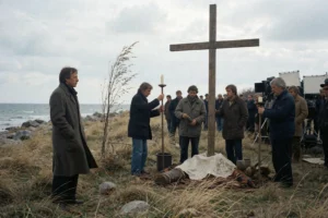 A cinematic behind-the-scenes scene from the filming of Andrei Tarkovsky's 'Sacrifice' (1986), showing the director in a long coat standing calmly on a windswept Swedish coastal set, observing a crew preparing a long take with a large wooden cross and minimalistic props under overcast skies, muted earth tones, natural lighting, film equipment visible in the background, authentic 1980s production atmosphere, no modern elements