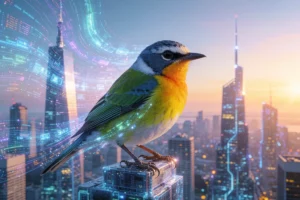 A small, colorful bird perched on a futuristic city skyline at sunset, with glowing digital data streams flowing around it like auroras, blending organic nature with advanced technology, soft lens flare, high detail, serene and hopeful atmosphere