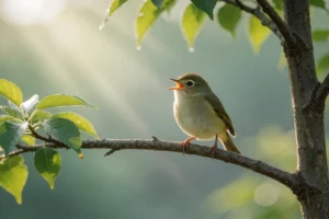 A small, cheerful bird perched on a branch, chirping joyfully, with soft morning light filtering through leaves in a peaceful forest setting, natural colors, gentle atmosphere