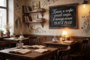 A cozy art café interior with wooden tables, steaming coffee cups, open books, soft warm lighting, shelves with books, a chalkboard sign reading 'Книги и кофе: совсем скоро, в понедельник 19.10 в 19:00' in elegant Cyrillic script, subtle artistic decorations, inviting atmosphere, no people visible