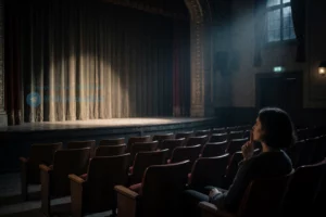 A dimly lit theater interior at night, with velvet curtains slightly drawn, empty wooden seats in rows, and a single spotlight on an empty stage. In the foreground, a person is sitting in a seat, eyes closed, appearing to sleep, with a finger pressed to their lips in a 'shhh' gesture. The atmosphere is quiet, mysterious, and slightly surreal, with soft shadows and a hint of moonlight filtering through a high window. No text, no letters, no digits visible anywhere in the image.
