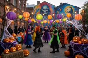 A festive Halloween party in a cultural quarter named Brusnicyn, featuring colorful decorations like pumpkins, cobwebs, and lanterns, with people in creative costumes dancing and celebrating under string lights in an urban outdoor setting with historic brick buildings and artistic murals in the background
