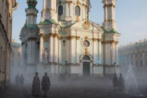 A detailed, atmospheric illustration of the Annenskirche (St. Anne's Church) in St. Petersburg, Russia, showing its elegant Baroque facade with ornate white stucco, green domes, and golden crosses, partially obscured by soft morning mist. In the foreground, a quiet cobblestone street leads to the church entrance, with faint silhouettes of 18th-century figures in period clothing walking away, suggesting hidden stories. Subtle symbolic elements — like a faint, translucent outline of a hidden under