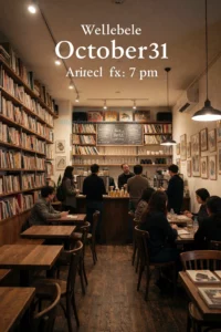 A cozy art cafe interior with bookshelves filled with books, warm lighting, wooden tables, and a coffee bar, with a group of people gathered for an event on October 31 at 7 PM, depicted in a welcoming and artistic atmosphere