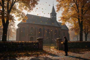 A quiet autumn scene at Annensky Church (Анненкирхе) in Germany, with golden and amber leaves falling gently around the historic brick church building, soft overcast light casting long shadows, a solitary figure in a dark coat standing pensively near the church gate, holding a fallen leaf, atmosphere of gentle melancholy and contemplation, no text or signs visible, highly detailed, cinematic lighting