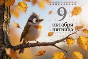 A whimsical bird with a distinct personality perched on a tree branch on a crisp autumn Friday morning, October 9th, with golden leaves falling around it, soft morning light, and a subtle hint of a calendar page showing '9 октября пятница' in the background as a faint watermark, evoking a sense of individuality and seasonal charm