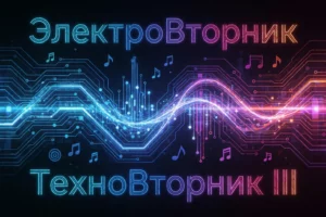 A futuristic techno-themed Tuesday event poster: glowing neon circuit patterns on dark background, abstract digital waveforms, stylized electronic music symbols, subtle hints of Russian text 'ЭлектроВторник' and 'ТехноВторник III' integrated as light glyphs, no actual readable letters or numbers, high-tech atmosphere with electric blue and magenta accents, dynamic energy flow