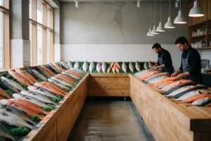 A modern fish market interior with fresh fish displays, wooden counters, and staff arranging seafood, soft natural lighting, no text or signs visible