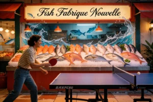 Fish Fabrique Nouvelle: 🐟 ПЯТНИЦА + НАСТОЛЬНЫЙ ТЕННИС = ИДЕАЛЬНЫЙ СТАРТ ВЫХОДНЫХ 🏓 A vibrant, joyful scene combining a fish market (Fish Fabrique Nouvelle) with a table tennis game in progress: a person in casual clothes playing table tennis near a counter displaying fresh fish on ice, with playful splashes of water and fish motifs subtly integrated into the background, French-inspired signage reading 'Fish Fabrique Nouvelle' in elegant script, warm ambient lighting, lively atmosphere suggesting Friday fun and sporty relaxation