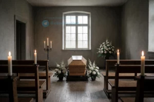 FUNERALROOM: 17 октября (сб) A solemn funeral room with wooden benches, soft candlelight, a simple wooden coffin centered, white flowers arranged around it, muted gray walls, and a single window letting in diffused daylight. The atmosphere is quiet, respectful, and contemplative, with no people visible, emphasizing absence and mourning.