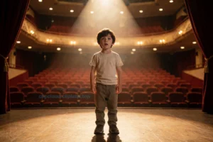 A young boy, about five years old, standing alone on a theater stage under soft spotlight, wearing simple clothes, looking surprised and curious, with an empty auditorium in the background, warm golden lighting, theatrical curtains slightly drawn, realistic and emotional atmosphere