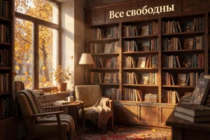 A cozy independent bookstore named 'Все свободны' with warm autumn lighting, wooden shelves filled with books, a small reading nook with armchairs and a steaming mug, fallen golden leaves visible through the window, soft golden hour glow, inviting and literary atmosphere