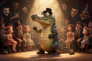 Театр Мастерская: Кому нужен Крокодил? A whimsical theater stage with a large, friendly crocodile wearing a tiny director's hat, standing center stage under warm spotlight, surrounded by curious audience members of diverse ages and styles, theatrical masks and props scattered subtly in the background, soft golden lighting, expressive and imaginative atmosphere