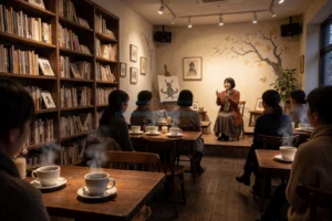 A cozy art café interior with bookshelves filled with books, steaming coffee cups on wooden tables, soft warm lighting, a small stage with a storyteller speaking to an attentive audience, subtle artistic decorations on the walls, inviting atmosphere, evening ambiance, no text or signs visible