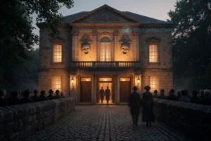 A historic theater building located beyond the Black River, with warm evening lighting illuminating its facade, subtle theatrical masks carved into the stone above the entrance, a quiet cobblestone path leading to the doors, and faint silhouettes of audience members in period clothing entering, evoking a sense of timeless cultural significance and anticipation for a must-see performance