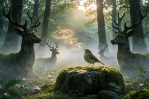 Птичка начирикала: 7.11 ТРАНСМИССИЯ в Temple of Deer A small, delicate bird perched on a moss-covered stone in a serene forest clearing at dawn, softly chirping with visible sound waves rendered as gentle golden ripples in the air, surrounded by ancient deer statues half-hidden in mist, soft sunlight filtering through tall trees, ethereal and tranquil atmosphere, no text, no letters, no digits