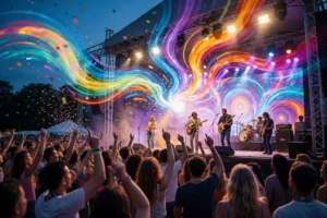 A vibrant, dynamic music festival scene with colorful sound waves radiating from a central stage, diverse crowd of people dancing and enjoying live music, bright stage lights, musical instruments like guitars and drums visible, energetic atmosphere with confetti and glowing effects, outdoor setting at dusk with a mix of natural and artificial lighting