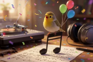Птичка начирикала: 18.10 dj nekitoZZZo birthday party в Птичьей Личности A small, cheerful bird perched on a musical note, chirping joyfully, with confetti and tiny birthday balloons floating around it in a cozy indoor setting with soft warm lighting, subtle musical instruments like a turntable and headphones in the background, suggesting a birthday party atmosphere for 'dj nekitoZZZo' on 18.10, in a whimsical, festive mood