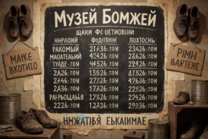 A whimsical museum exhibit titled 'Музей Бомжей' (Museum of the Homeless) featuring a vintage cinema poster wall with hand-drawn film festival schedule in Russian, showing movie titles, showtimes, and dates on aged paper with chalk-like typography, surrounded by quirky artifacts like worn shoes, tin cans, and cardboard signs; warm ambient lighting, soft shadows, cinematic atmosphere