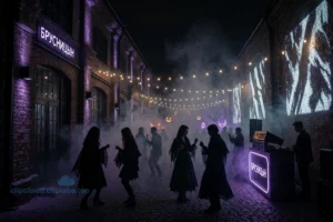 A moody, atmospheric night scene of a cultural quarter named 'БРУСНИЦЫН' hosting a DARK WAVE party on October 31st. The setting features industrial-chic brick buildings with subtle neon accents in deep purple and black, fog drifting through cobblestone alleys, silhouettes of people in avant-garde dark fashion dancing under flickering string lights and projected abstract visuals on walls. A vintage DJ booth glows with analog synthesizers, and distant Halloween decorations (like subtle jack-o'-lan