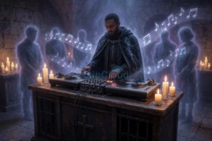 FUNERALROOM: DJ TEMPÊTE сыграет сет из сах актуальных на европейской сцене треков в жанрах minimal synth / darkwave / ebm. A dimly lit underground funeral room with stone walls and flickering candles, a DJ booth made of aged wood and iron at the center, DJ Tempête wearing a dark ceremonial cloak with subtle storm-like patterns, mixing vinyl records on turntables surrounded by floating musical notes and faint ghostly silhouettes of mourners in the background, soft blue and violet ambient lighting, atmospheric and solemn yet rhythmic mood