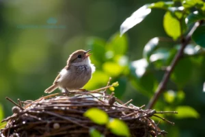 A small, delicate bird perched on the edge of a nest made of twigs and soft feathers, gently chirping with its beak open, surrounded by dappled morning light filtering through green leaves in a quiet forest setting, evoking tenderness and the quiet beginning of life