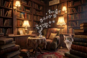 A whimsical bookstore interior named 'Книжный магазин Фаренгейт 451' with towering wooden shelves filled with old books, warm golden lighting from vintage lamps, a cozy reading nook with an armchair and a small table holding a steaming teacup, a mischievous cat wearing tiny glasses peeking from behind a stack of books labeled 'Доктор Чепуха', floating slightly absurd mathematical equations and doodles in the air like thought bubbles, soft shadows, rich textures, inviting atmosphere