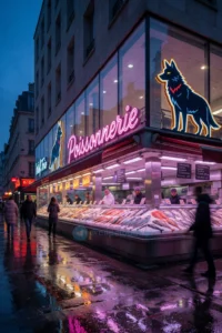 A vibrant, modern French fish market scene at dusk, featuring a sleek glass building with neon signage reading 'Poissonnerie' in French, displaying fresh fish on ice, with stylized wolf silhouettes integrated into the architecture as part of the 'Wolf Trio' branding, colorful reflections on wet pavement, cinematic lighting, dynamic composition