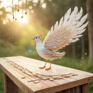 A whimsical illustration of a bird with human-like personality traits, perched on a vintage wooden deck surrounded by floating musical notes and abstract soundwaves, soft golden hour lighting, detailed feathers with subtle textures, gentle expression conveying curiosity and intelligence, natural forest background blurred with bokeh, no text or letters visible