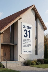 A modern church building with a sign or banner displaying the date October 31, showing plans or announcements for that date, in a clear and realistic style