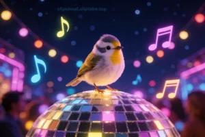 A small, cheerful bird perched on a glowing disco ball under a night sky filled with stars and colorful lights, surrounded by floating musical notes and soft neon glows, suggesting a weekend nightclub scene, whimsical and festive atmosphere