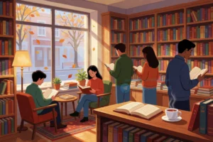 A cozy, inviting bookstore interior with warm wooden shelves filled with colorful books, soft ambient lighting, a small reading nook with armchairs and a floor lamp, a wooden counter with an open book and a steaming cup of tea, diverse people of different ages and ethnicities quietly browsing or reading, large windows showing a quiet street with autumn leaves falling outside, gentle sunlight streaming in, peaceful and intellectual atmosphere