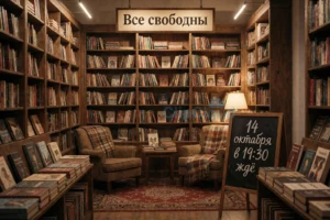Книжный магазин "Все свободны": 14 октября в 19:30 ждём всех на презентацию книги «LENINGRAD-89: Американские поэты в остраненной стране», которая издана совместно с «Носорог» 🖤 A cozy independent bookstore named 'Все свободны' with warm lighting, wooden shelves filled with books, a small reading nook with armchairs, and a chalkboard sign displaying the event: '14 октября в 19:30 ждё'. The atmosphere is inviting and intellectual, with soft shadows and gentle ambient glow. No text on books, no logos, no digital screens.
