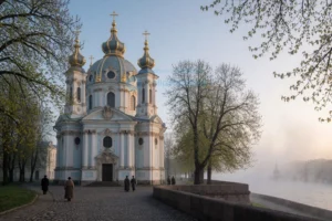 A serene and atmospheric view of the Annenskirche (St. Anne's Church) in St. Petersburg, Russia, captured in soft morning light with gentle mist rising from the nearby Neva River. The church's elegant Baroque architecture is highlighted — its white façade, golden domes, and intricate stone details glowing subtly. Surrounding trees are just beginning to bud in early spring, and a few quiet figures in period-appropriate attire walk slowly along the cobblestone path leading to the entrance. The moo